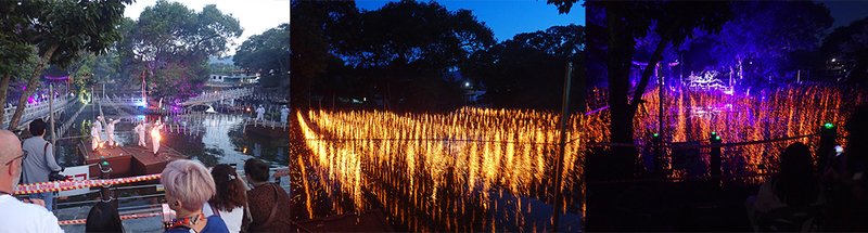 伝統音楽の生演奏とともに行われた火祭りの様子(火の粉が花のように舞い落ちる)