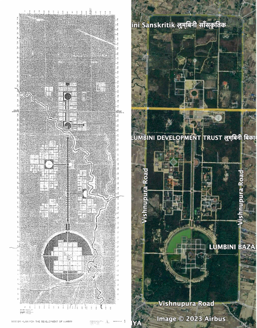 図４　マスタープラン（Final report,1978年）（左図）と現在のルンビニ（Googlemap,2023年）