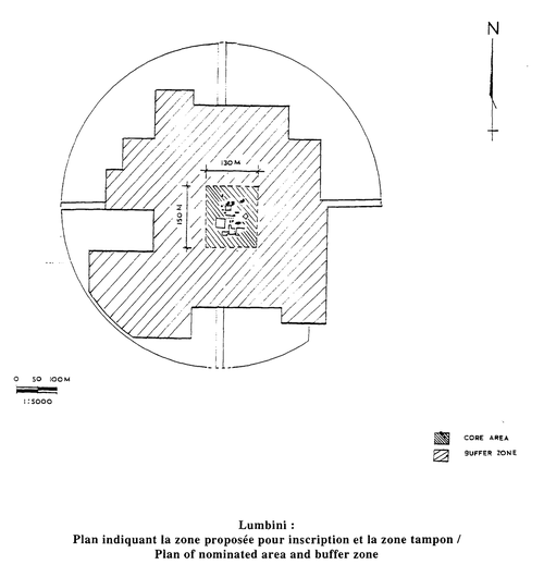 図５　世界遺産ルンビニの遺産と緩衝地帯 （1997Advisory Body Evaluation資料より抜粋 (ICOMOS)）