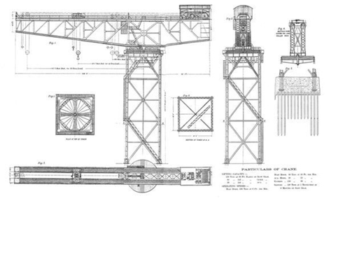 図16　長崎の三菱に納められた1909年にグラスゴーのアップルビー社によって作られた150トン容量のジャイアント・カンチレバークレーン。原図をブライアン ニューマン博士が画像編集