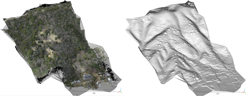 図１　UAV フォトグラメトリ（左）と UAV〜LiDARスキャンによるグラウンドデータ（右）：和歌山県岩橋千塚古墳群