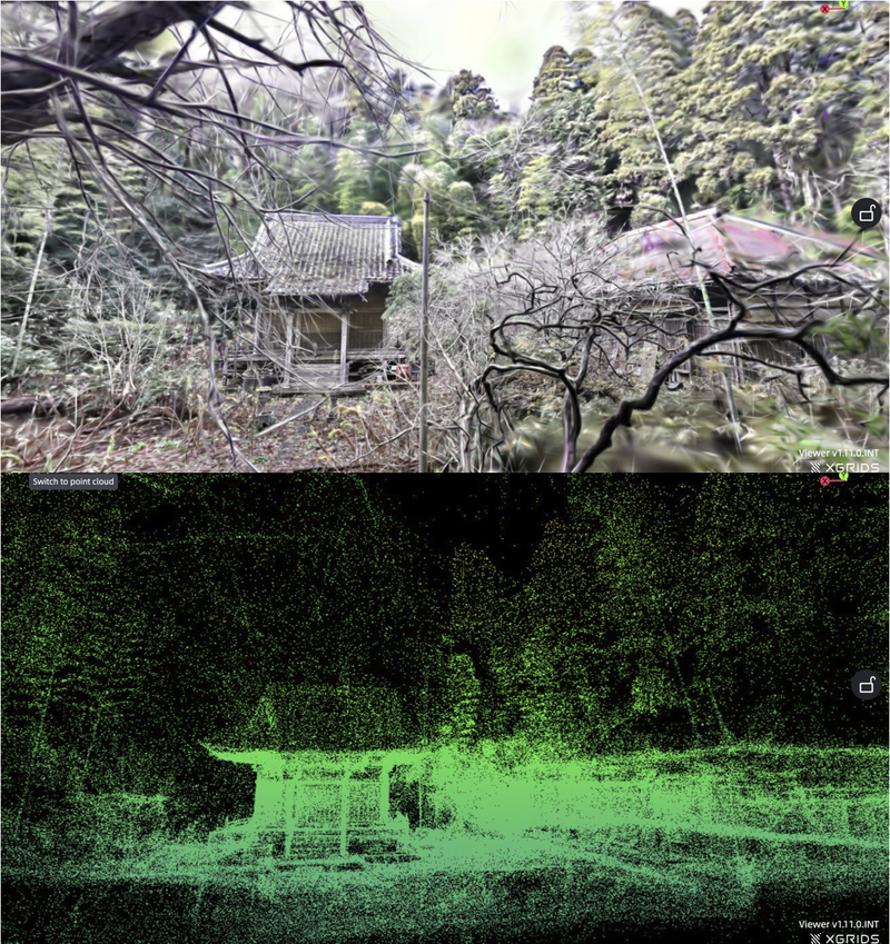 図３　3DGS（上）とSLAM LiDAR 点群：千葉県芝山町普賢院