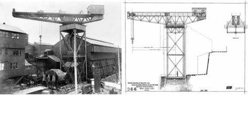 図７・８　最初のジャイアント・カンチレバークレーンは1904年、イングランドのサンダーランドにおけるマッコール＆ポロック社の造船所に設置された。60トン級、どちらも設計、製造ともにグラスゴーのエレクトリッククレーン＆ホイスト社による。（ブライアン・ニューマン撮影）