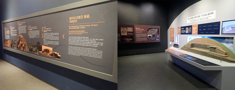 末伊山古墳群の発掘100年史(左)および横穴式石室の復元模型(右)の展示
