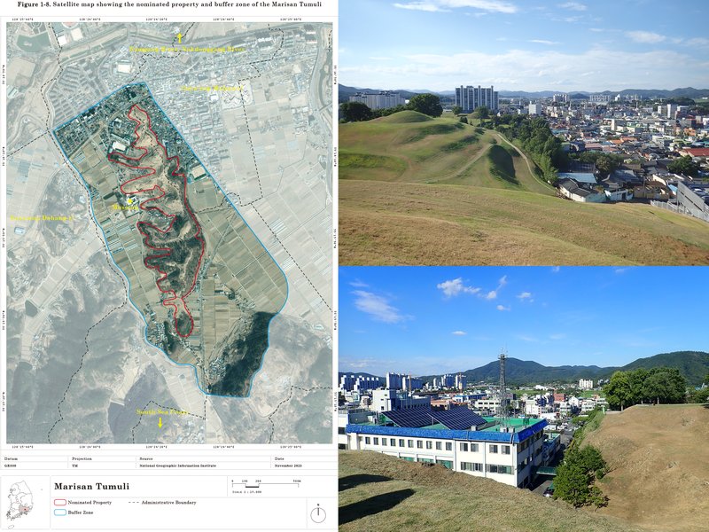 末伊山古墳群の資産・緩衝地帯の範囲(世界遺産公式HPより引用)と、遺跡群北部の状況(右上)および近接する市役所庁舎(右下)
